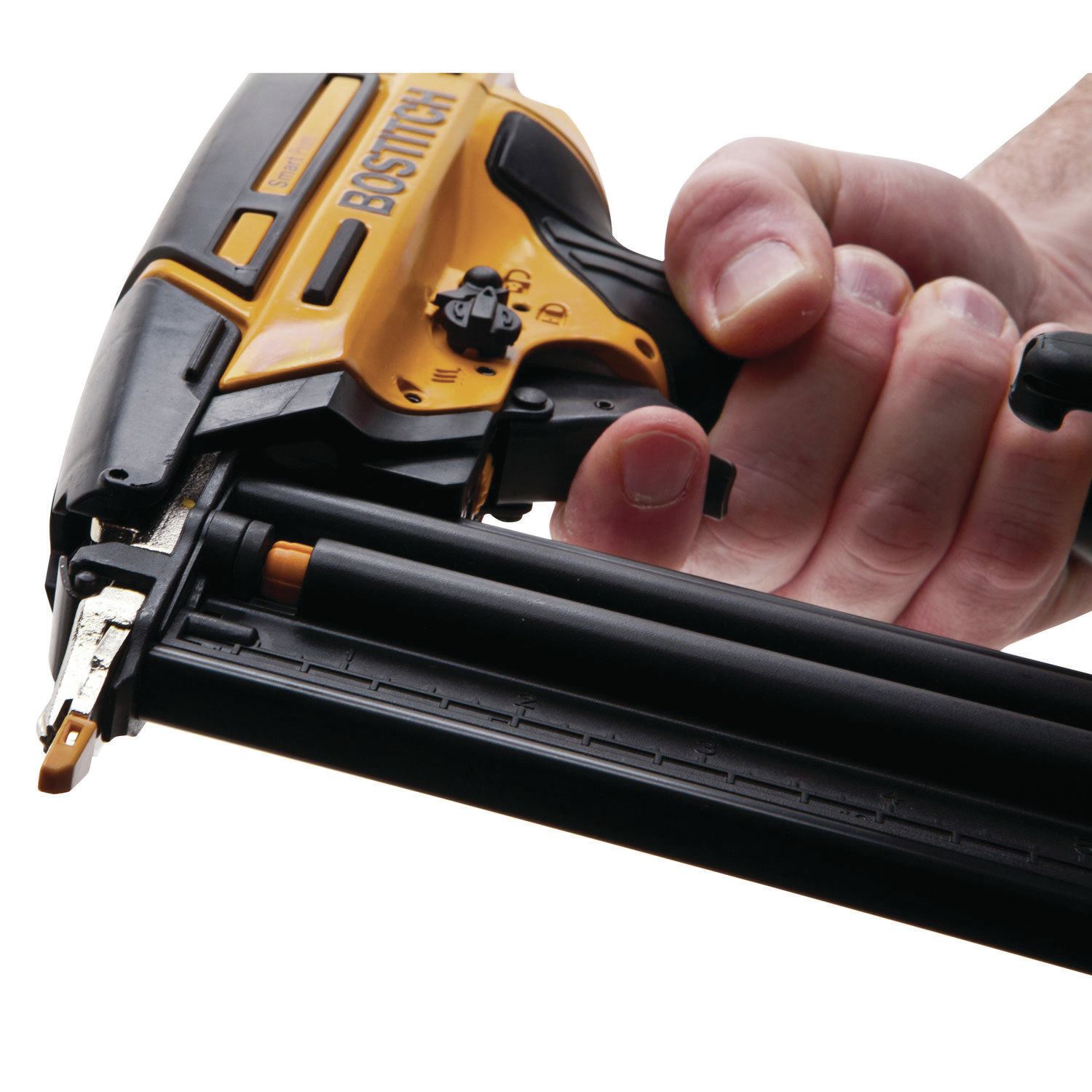 The tip on the new Bostitch Smart Point brad and finish nailers only needs to touch a work surface to enable firing.
