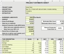 When an estimate is built in a spreadsheet, information such as burdened labor rate can be entered once and used in many calculations. It’s also easy to update totals when quantities or prices change. Free-form “Task Description” fields allow you to organize line items by phase, room by room, or in some other way that better suits the project.