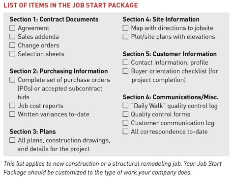 This list applies to new construction or a structural remodeling job. Your Job Start Package should be customized to the type of work your company does.