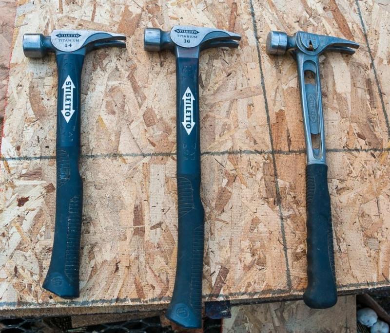 From left to right, 14-ounce fiberglass handle, 16-ounce fiberglass handle, and 15-ounce Tibone (which has a titanium handle).