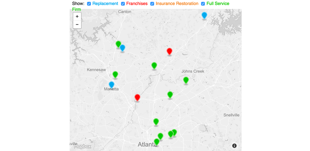 Map showing Atlanta area companies in the 2016 Remodeling 550