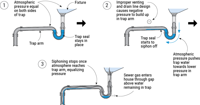 Without venting, pressure imbalances cause traps to fail. The seal remains as long as the pressure on each side of it is equal (1). But as soon as water drains through the line, it creates negative pressure behind it (2), pulling nearby traps dry (3). Proper venting provides the air needed for the drain to flow freely without creating pressure differences.