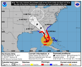 The National Hurricane Center's forecast track for Irma on Sunday at 11 AM showed the storm near the tip of the Florida peninsula on a path up the state's west coast toward Tampa, crossing into Georgia and Alabama. The forecast "cone of uncertainty" for the storm's eye no longer includes the east coast of the state, but the Atlantic shoreline is still being pummeled by high winds, and widespread damage throughout Florida is a foregone conclusion. An extreme storm surge threat is seen for the Gulf Coast of Florida. Evacuations have been ordered for coastal areas. Below, a NASA satellite view of Irma on Sunday at noon as the hurricane slides up the coast of Florida, gaining strength over the shallow 90-degree Gulf waters.