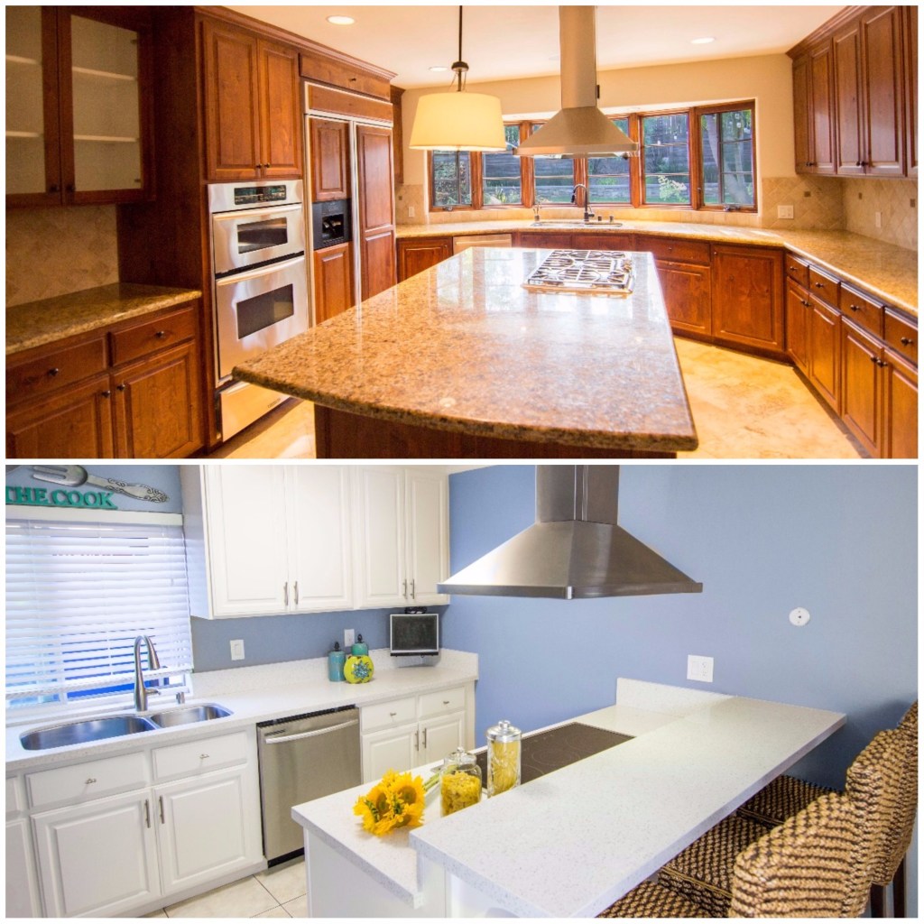 These photos show the work ReFind does. The company pulled the wooden cabinets from the large kitchen pictured on top. Then, ReFind refinished the cabinets and reconfigured them for the home pictured below, Berens says.