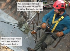 Two-rope positioning. With this system, the restraint rope is the primary fall-arrest protection, shown here attached to the worker with a Petzl ASAP mobile fall-arrest device. A second rope attaches to the worker with a Petzl RIG device. With this device, the worker can lock the rope so he can lean against it, leaving both hands free to work. Separate attachment points for the two ropes allow the worker to triangulate his working position without having to work against one rope or the other.