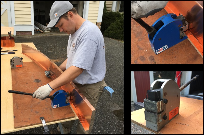 While repairing trim and siding on a 13-year-old home, the author was tasked with fabricating metal head flashing for a pair of arch-top garage doors. Key to shaping the curved flashing were Eastwood shrinker and stretcher tools (inset photos). The shrinker is the blue one (top photo).