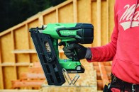 A cordless nailer with the  power of a pneumatic.  The brushless 18V nailer  comes in two versions:  One uses a 21° plastic  strip (model NR1890DR)  and the other, a 30°  paper strip (NR189DC).  The paper-strip model  accepts clipped or offset  round head nails. When  equipped with a 3.0-Ah  battery (shown), each  model weighs a little over  10 pounds. Both nailers  sell for around $400 each.  Kits include a charger,  one 3.0-Ah battery, and  a carrying case.