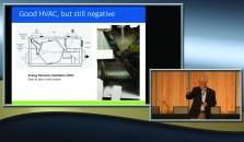Lew Harriman talks in Austin, Texas, in front of a picture of a backdrafting energy recovery ventilator (ERV). By itself, providing fresh air will not solve humidity problems.
