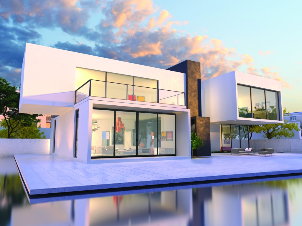3D rendering of Impressive villa with pool, late afternoon