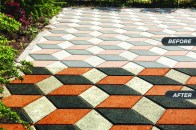 Paving the yard with colored paving tiles in the shape of a diamond.