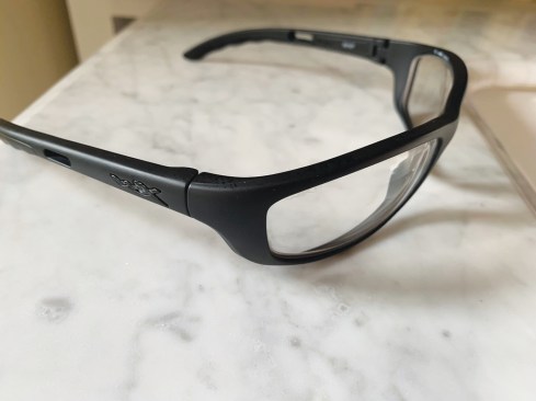 Wiley X P-17 prescription safety glasses feature an impact-resistant wraparound frame that does not require side shields.