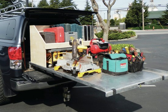 On his cargo slide, Richard Anderson created a shelf toward the cab end of his Toyota Tundra. He also built shelves along the inside of the truck over the tops of the wheel wells. The shelving houses tools, and the whole unit fits in the canopy opening. "When I pull my tools out, I can get to a row on top and on the bed itself," he says.