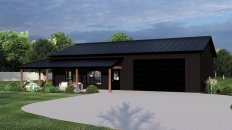 Barndominium plan with two bedrooms, front exterior. See details at Houseplans.com.