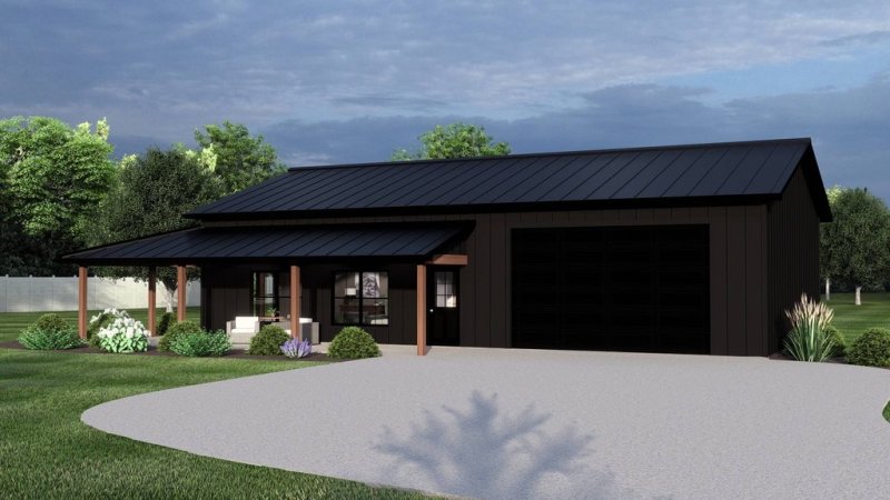 Barndominium plan with two bedrooms, front exterior. See details at Houseplans.com.