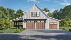 Garage plan with workshop and living space, front exterior. See details at Houseplans.com.
