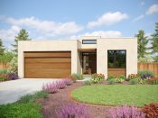Modern one-story house plan, front exterior. See details at Houseplans.com.