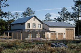 Barndominium house plan with RV garage, front exterior. See details at Houseplans.com.