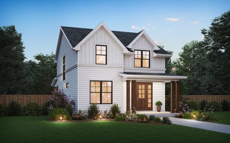 Modern narrow-lot farmhouse plan, front exterior. See details at Houseplans.com.