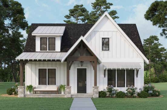 Farmhouse plan with prep kitchen, front exterior. See details at Houseplans.com.