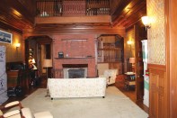 The interior of the Pinnacle, a historic Lake Champlain summer camp under renovation for year-round living, was filled with rich details including a unique basket-woven ash wall covering.