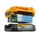 In this cut-away image of a DeWalt 20-volt lithium-ion battery, the five rectangular silver objects are 4-volt pouch cells that are wired together in series to provide 20 volts of power. The green board is the module that electronically controls the battery.