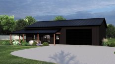 Small barndominium plan with two bedrooms, front exterior. See details at Houseplans.com.