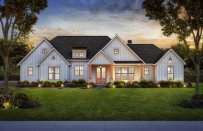 One-story farmhouse plan with four bedrooms, front exterior. See details at Houseplans.com.