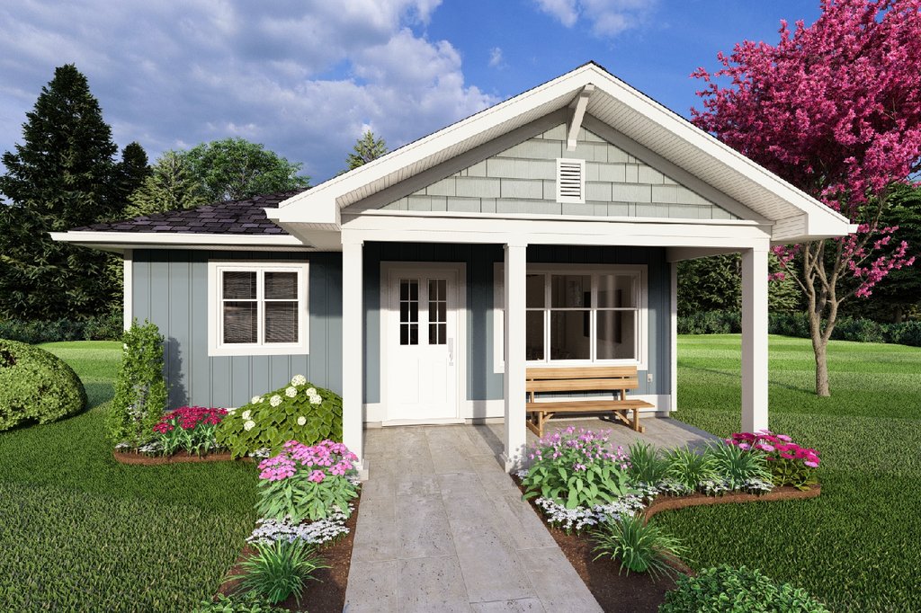 Tiny house plan with porch, front exterior. See details at Houseplans.com.