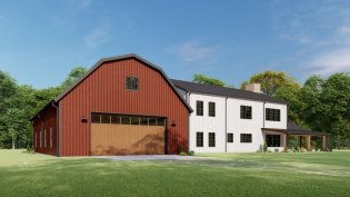 Barndominium house plan, front exterior. See more details at Houseplans.com.