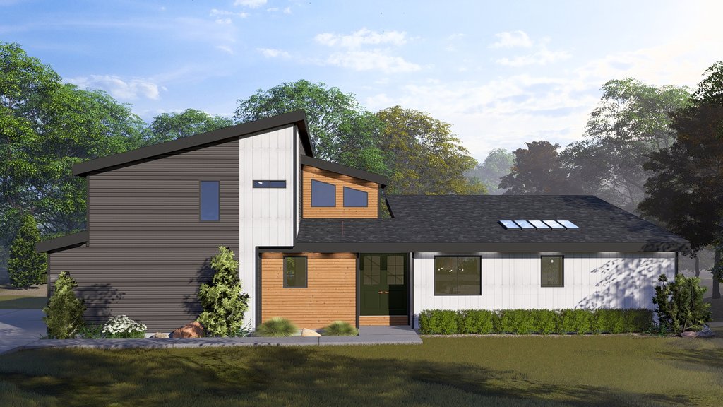 Modern house plan with an open layout, front exterior. See details at Houseplans.