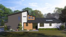 Modern house plan with an open layout, front exterior. See details at Houseplans.