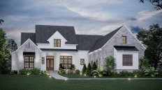 Farmhouse plan with outdoor living, front exterior. See details at Houseplans.