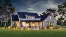 Modern farmhouse plan with storage, front exterior. See details at Houseplans.