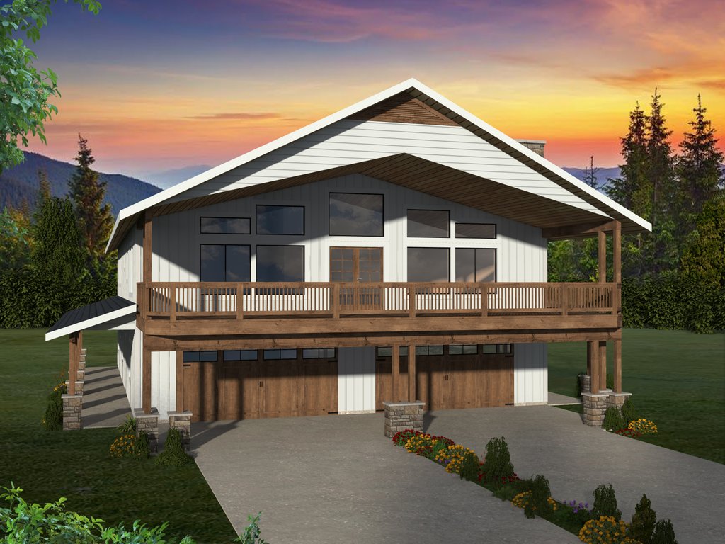 Simple lakefront house plan, exterior. See details at Houseplans.