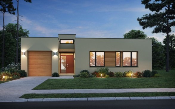 Modern house plan with an open layout, front exterior. See details at Houseplans.