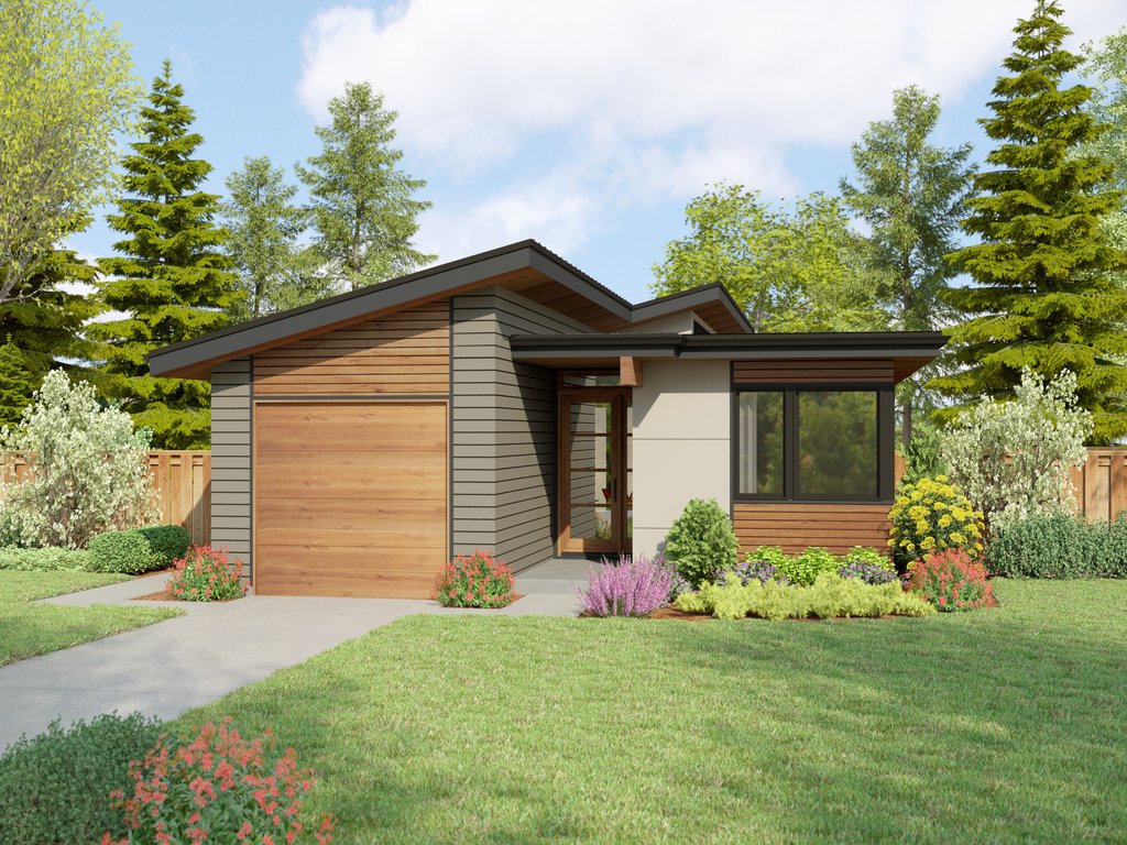 Modern house plan for a narrow lot, front exterior. See details at Houseplans.
