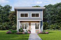Modern tiny house plan, front exterior. See details at Houseplans.