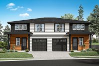 Modern duplex plan, front exterior. See details at Houseplans.