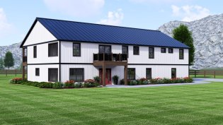 Barndominium plan with in-law apartment, front exterior. See details at Houseplans.