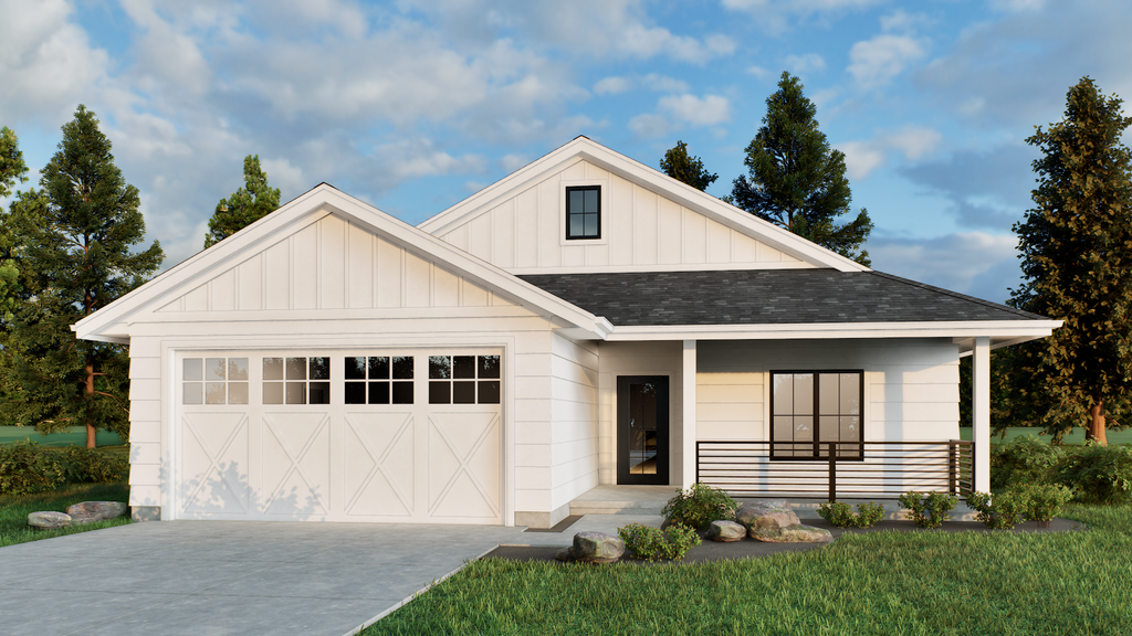 Small farmhouse plan with garage, front exterior. See details at Houseplans.