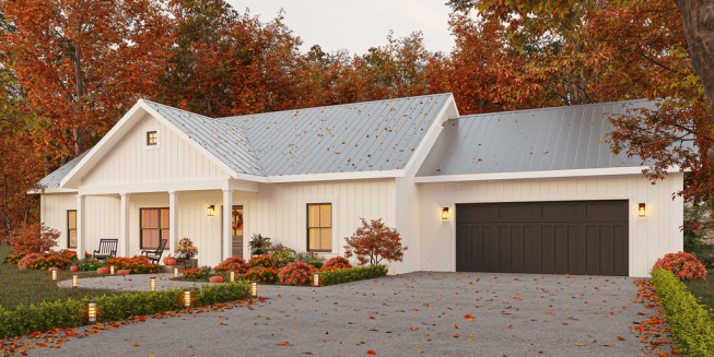 Starter ranch home design with porch, front exterior. See details at Houseplans.