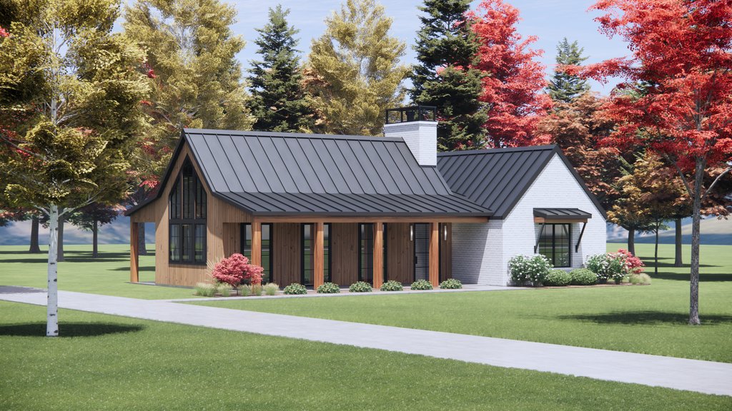 Contemporary ranch house plan, front exterior. See details at Houseplans.