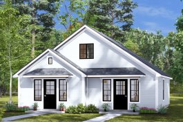 Tiny ADU duplex plan, front exterior. See details at Houseplans.