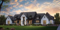 Luxury one-story farmhouse plan, front exterior. See details at Houseplans.