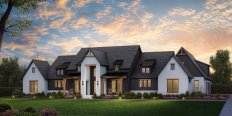 Luxury one-story farmhouse plan, front exterior. See details at Houseplans.