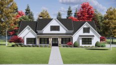 Farmhouse plan with front porch, front exterior. See details at Houseplans.