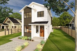 Modern duplex house plan, front exterior. See details at Houseplans.