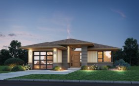 Modern starter house plan, front exterior. See details at Houseplans.