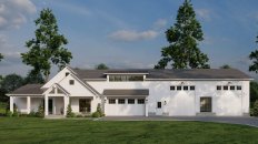 Large barndominium plan, front exterior. See details at Houseplans.