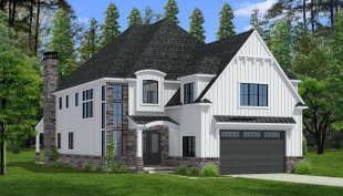 Luxury house plan for a narrow lot, front exterior. See details at Houseplans.